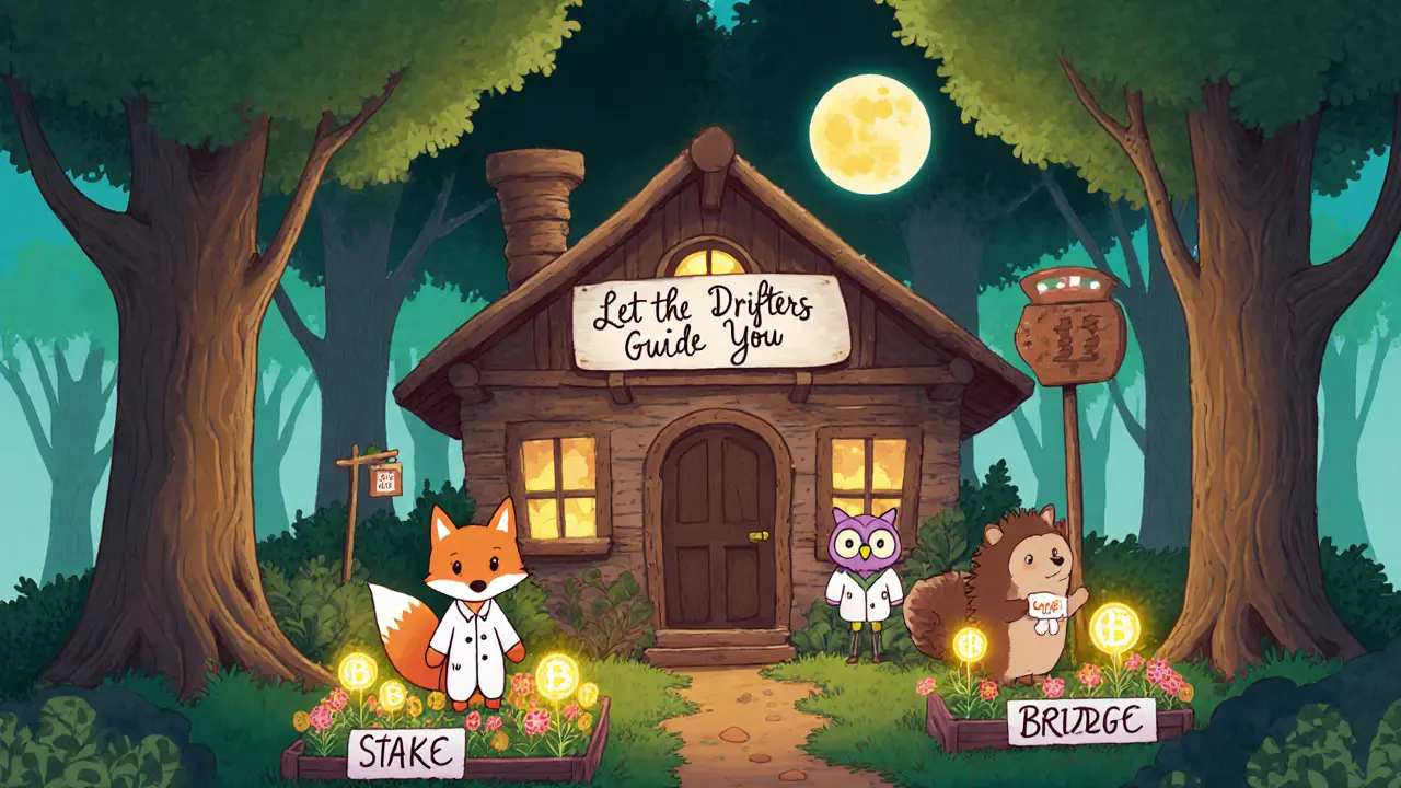 Animals in lab coats farming glowing tokens in a treehouse DeFi hub under a wallet-shaped moon.