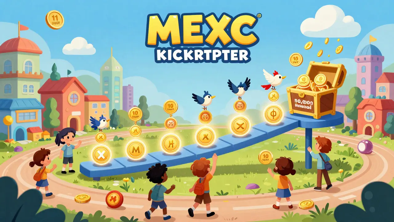 Children and artists voting with glowing MX tokens on a musical scale as HUSL tokens fill a treasure chest.