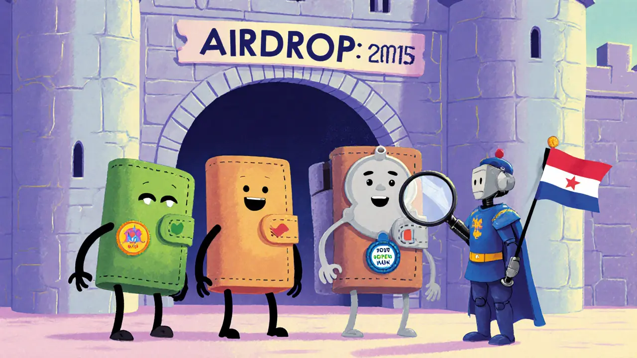Colorful wallets with faces wait in line to be checked by a robot guard at an airdrop castle.