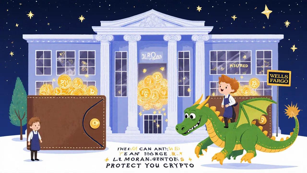 Friendly bankers store crypto coins in secure vaults while a child rides a blockchain dragon under a starry sky.