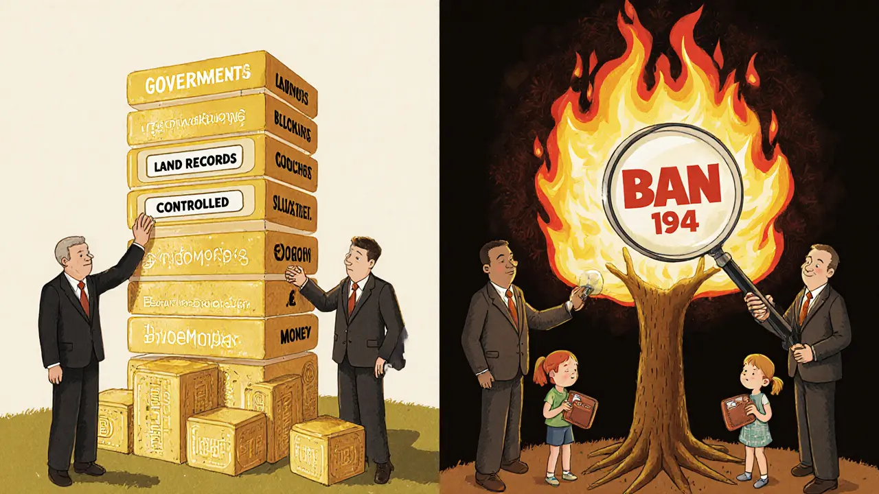 Officials build a blockchain tower while burning a crypto tree, children watch sadly.