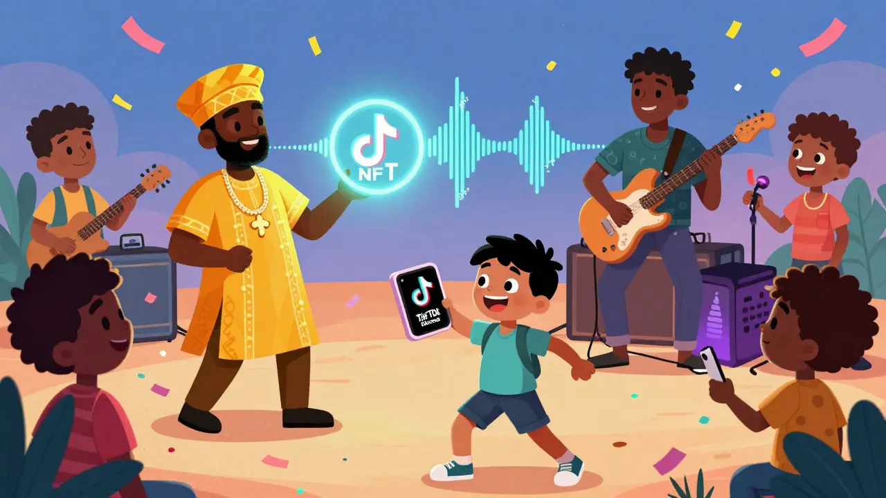 Producers from Lagos and LA exchange a beat NFT through a soundwave bridge while a child creates a TikTok video with no copyright issues.