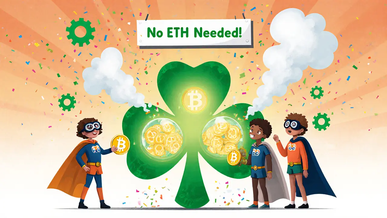 Whimsical characters using a clover-shaped swap machine with no ETH required, gas fees turning to smoke.