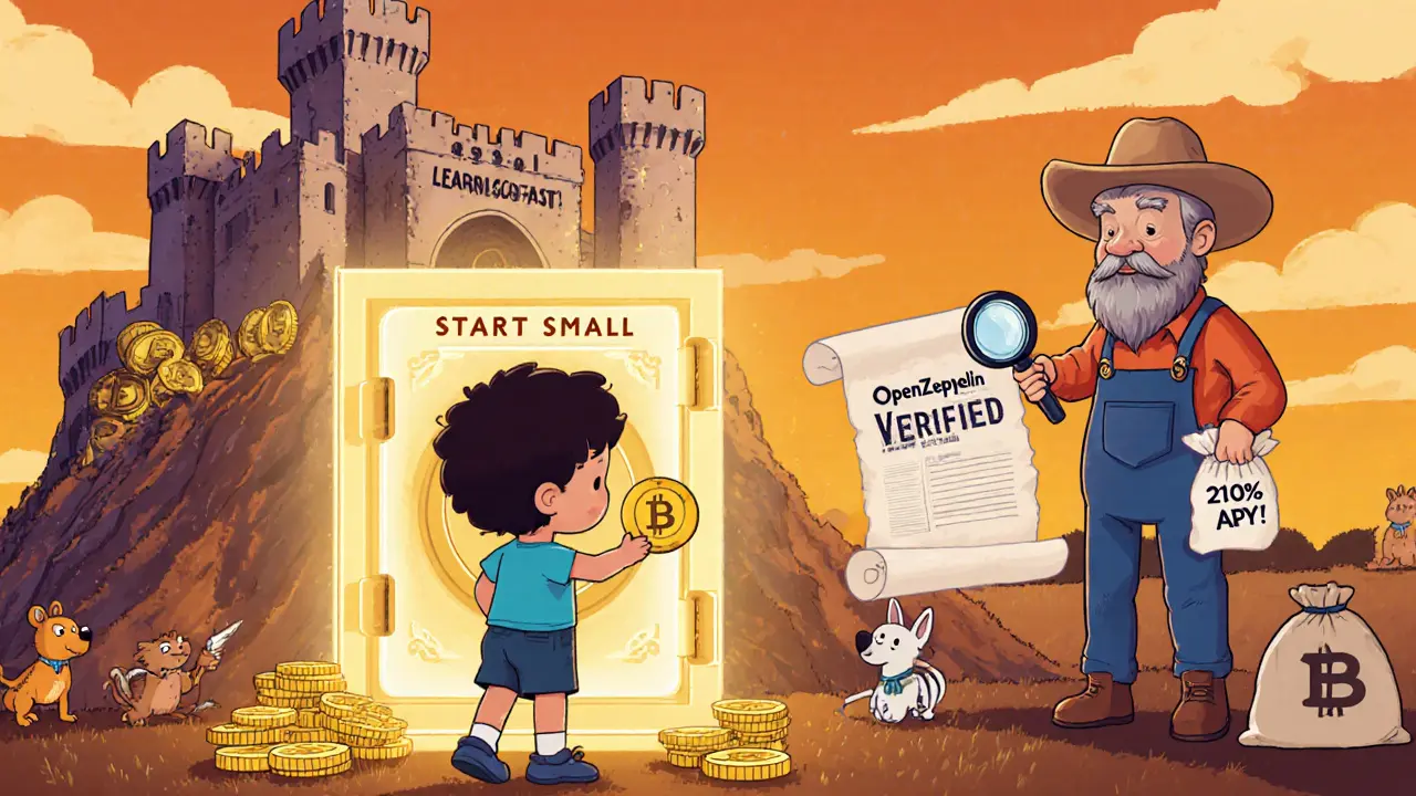 A child deposits 0 into a safe vault while a risky token castle crumbles in the background.
