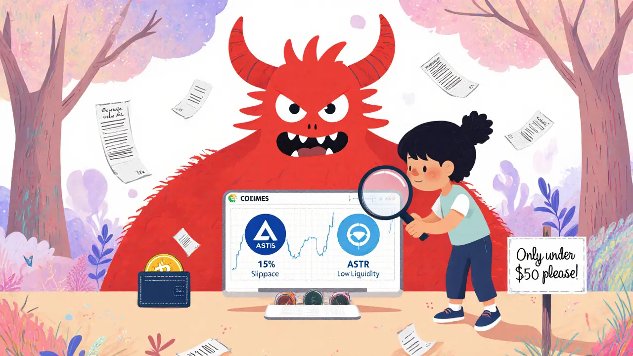 A child facing a giant slippage monster while trading tiny tokens on a low-liquidity screen.