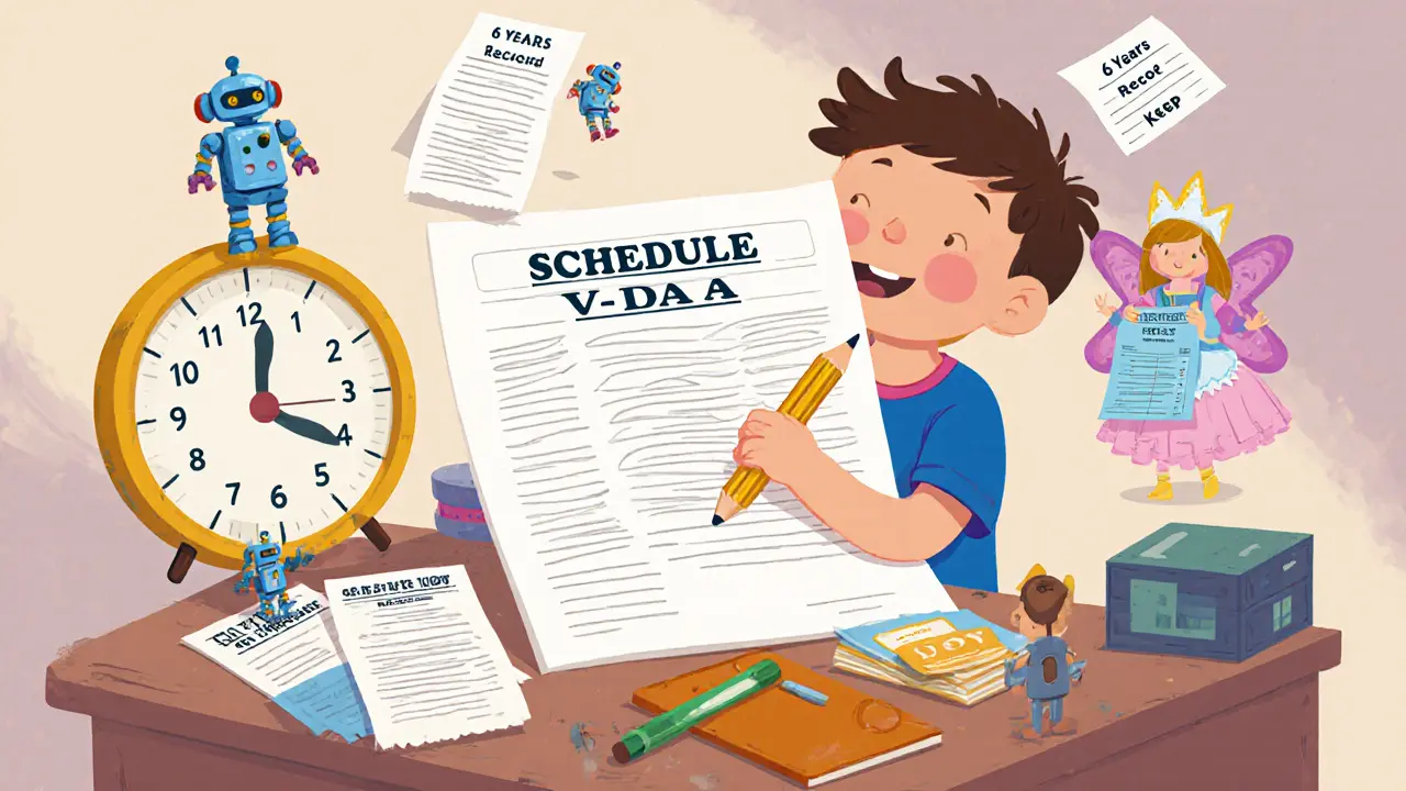 A child filing crypto taxes at a desk with floating receipts and GST robots, guided by a friendly tax fairy.