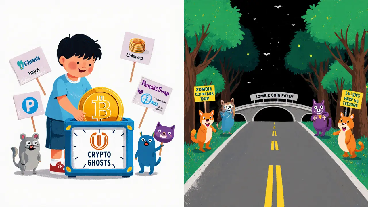 A child places a TITAN coin in a time capsule as animals hold signs for active DeFi projects with glowing bridges.
