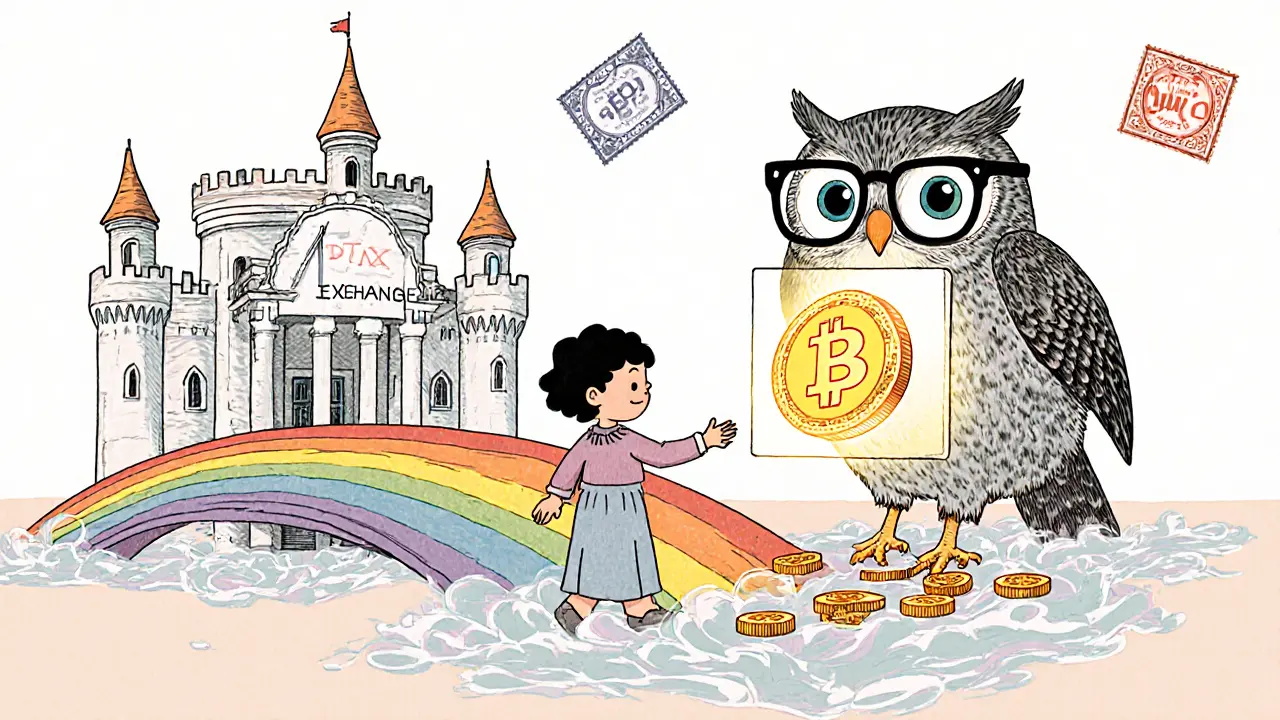 A child sending crypto across a bridge to an offshore castle as a bank owl watches the transaction on a screen.
