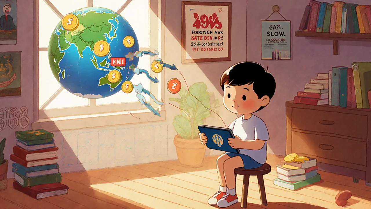 A child trades crypto using only Vietnamese dong on a tablet, while outside, a wall blocks foreign crypto flows from entering Vietnam.