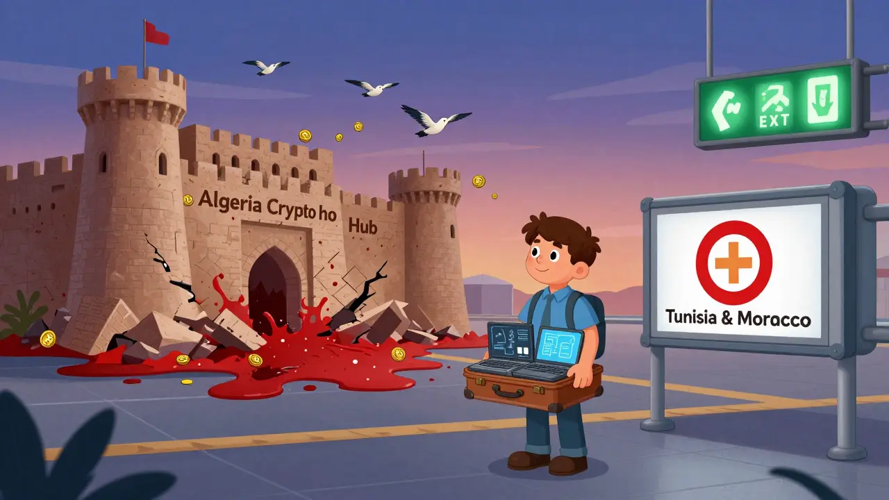 A developer packs to leave Algeria, while a crumbling crypto hub falls behind them.