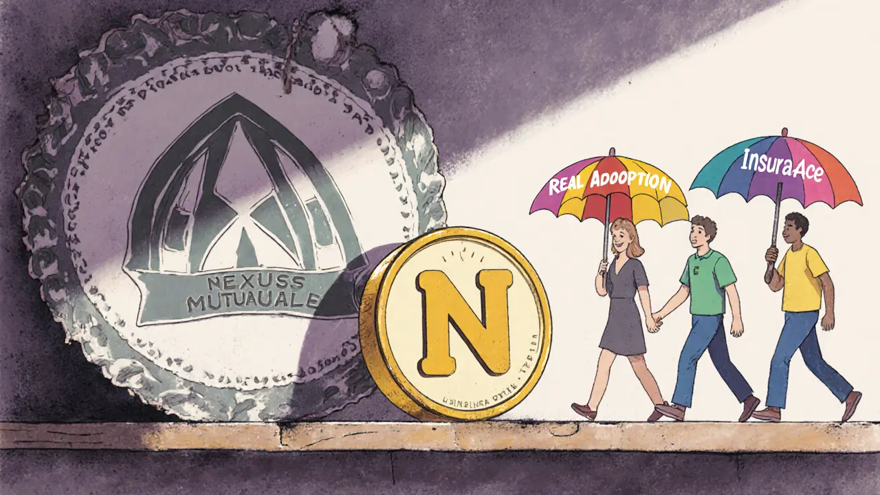 A faded NAYM token sits alone on a shelf next to larger, brighter insurance badges as users walk away.