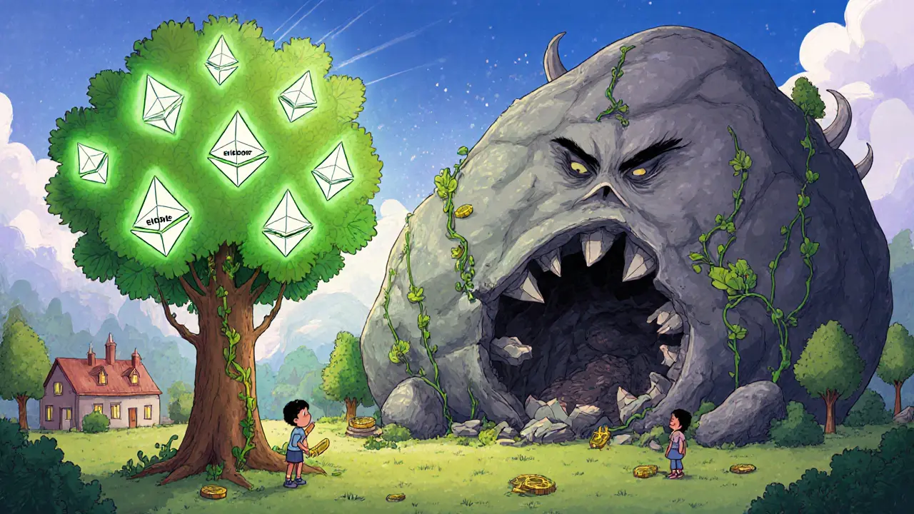 A glowing Ethereum tree brings peace to a village while a broken Bitcoin monster fades away.