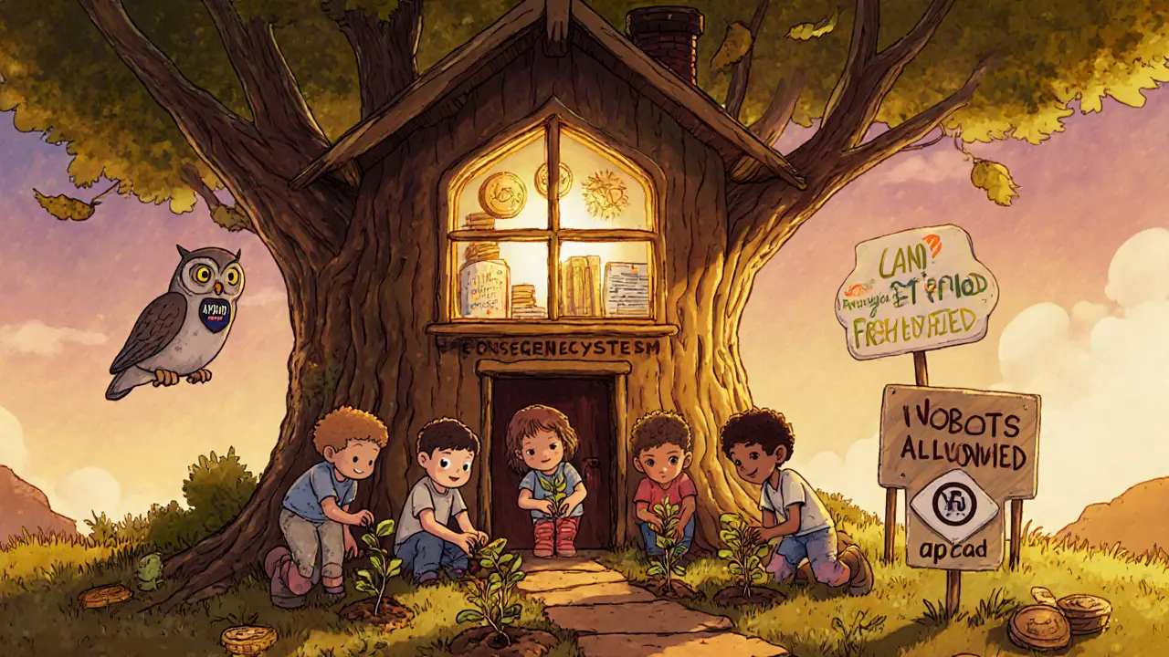 A glowing treehouse labeled &#039;Anypad Ecosystem&#039; with users planting APAD tokens, watched over by a wise owl in a verified team badge.