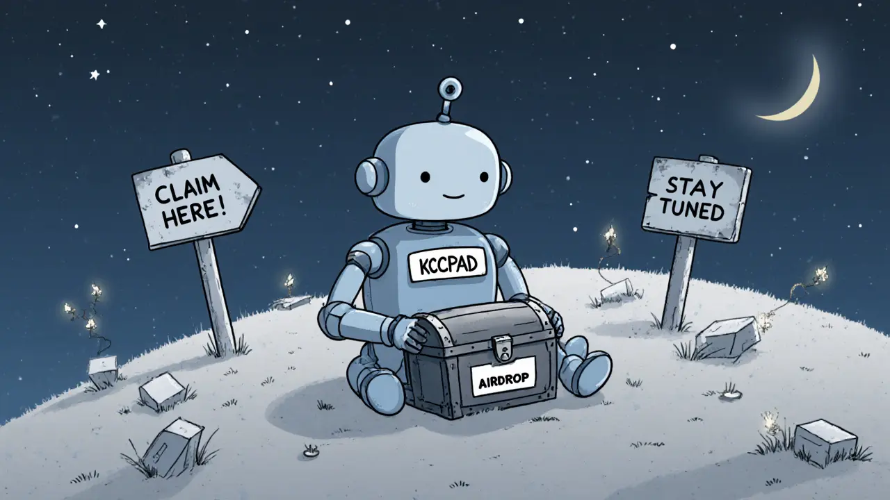 A lonely robot sitting on a digital hill with an empty airdrop chest under a fading starry sky.