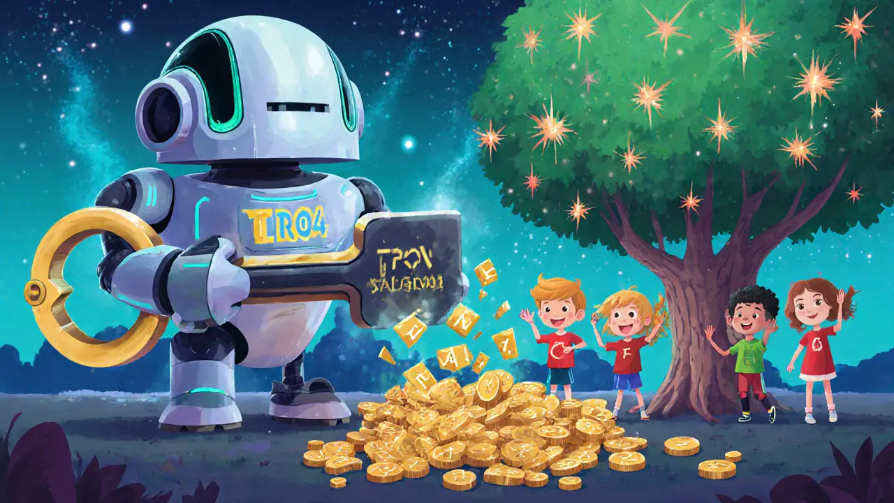 A robot unlocks a treasure chest of fractional NFT pieces while children stake tokens on a glowing tree that grows more rewards.