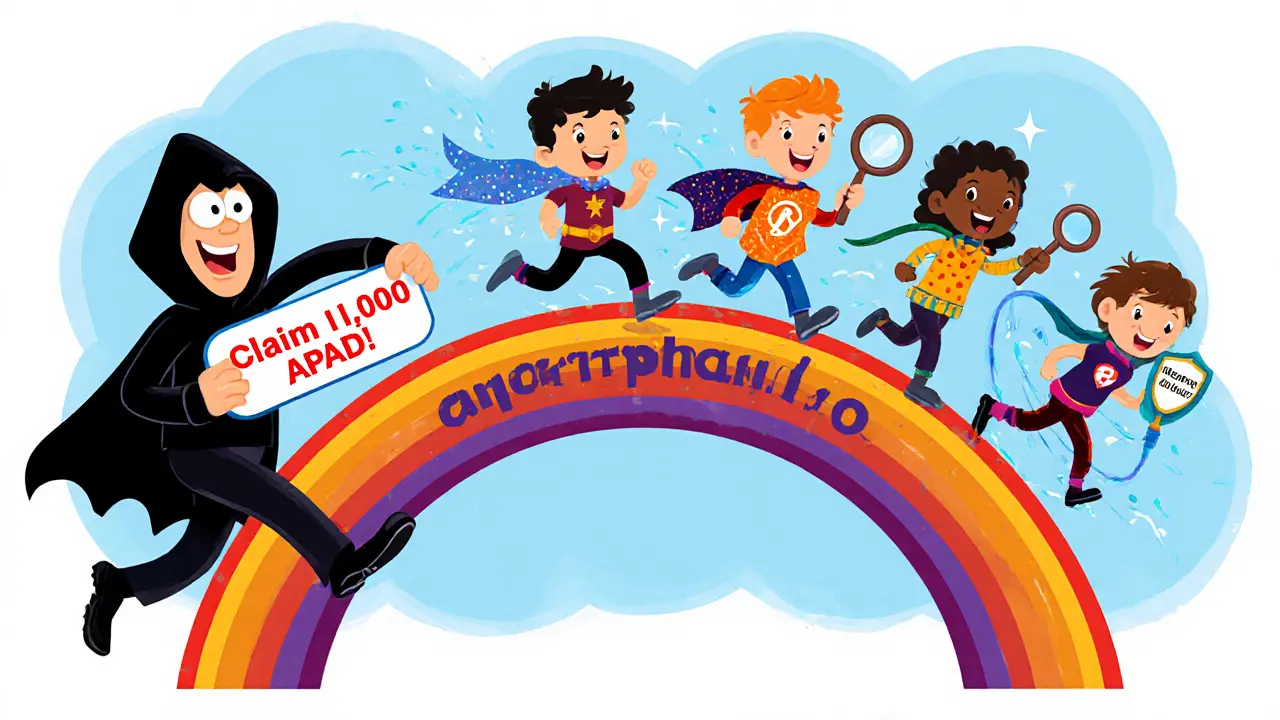 A scammer in a cloak being chased by heroes representing staking, liquidity, and feedback, running across a rainbow bridge labeled &#039;anypad.io&#039;.