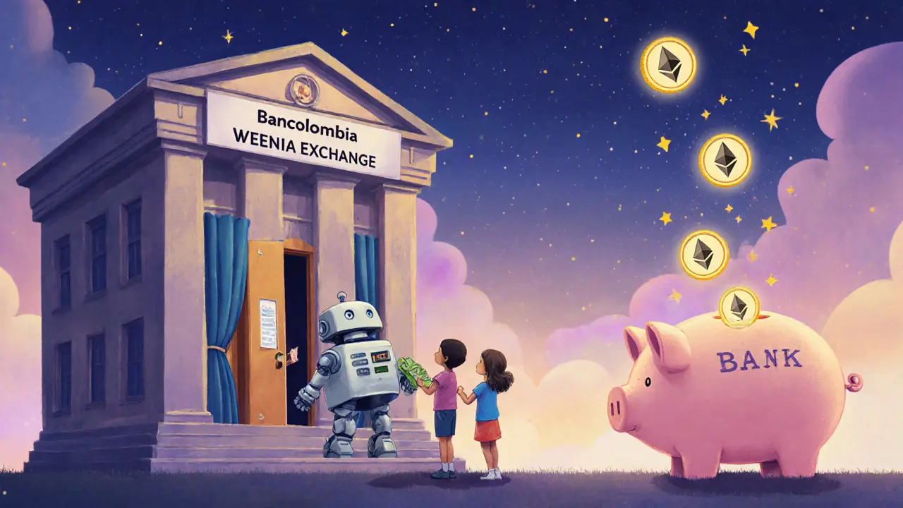 A secret crypto exchange behind a bank curtain, kids trading cash for glowing coins with a friendly robot.
