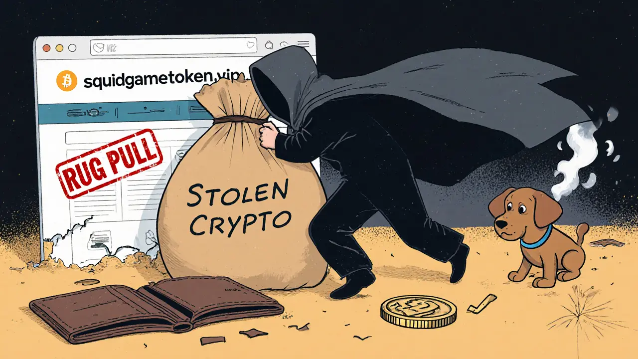 A shadowy figure steals crypto while a broken website crumbles behind them.