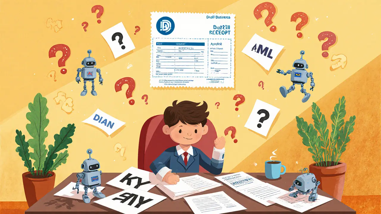 A small business owner surrounded by compliance papers and helpful robots filing reports under a tax logo.