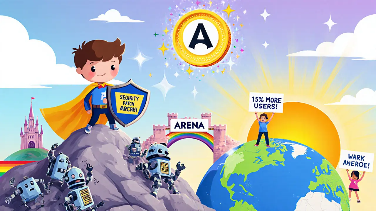 A small creator stands triumphantly on broken hackers, holding a security shield as a rainbow bridge leads to a castle labeled &#039;Arena Pro&#039;.