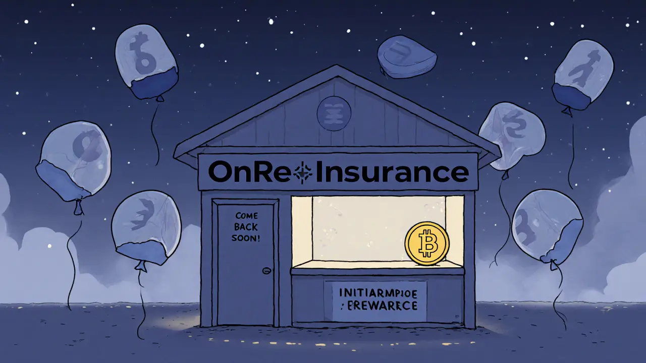 An empty insurance stall at twilight with deflated crypto balloons and a faint glowing reward coin.