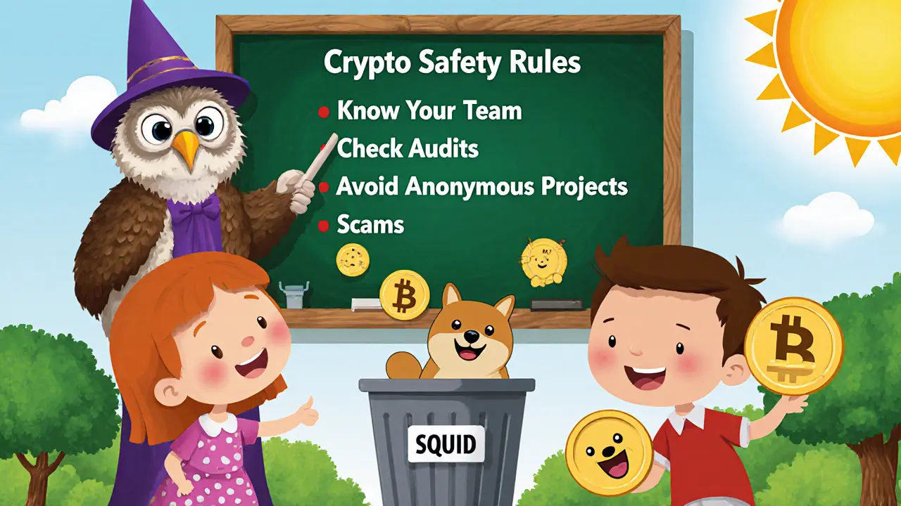 An owl teaches children to avoid crypto scams with clear safety rules.