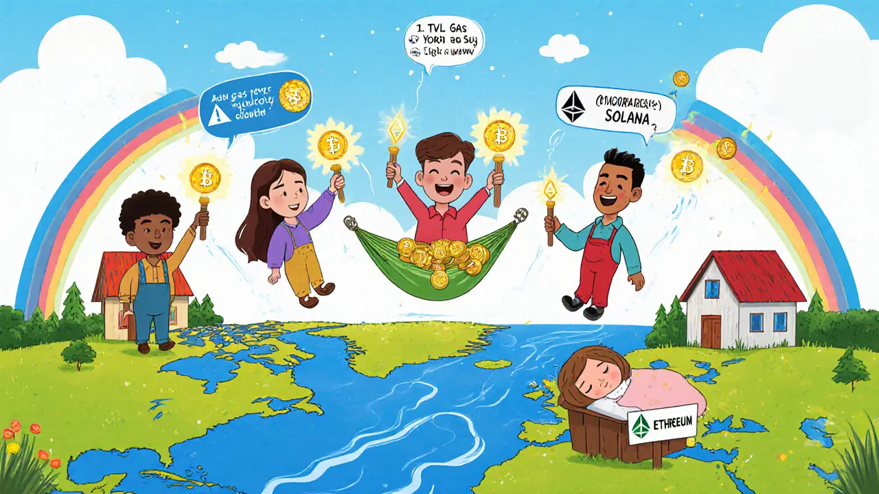 Cartoon farmers using magic wands to auto-send coins across blockchain worlds with low fees and high yields.