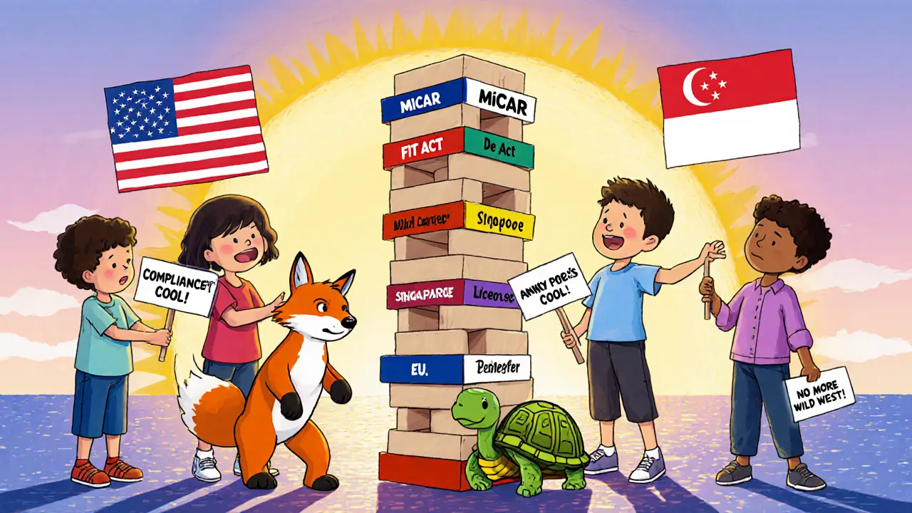 Children building a global crypto rules Jenga tower as a wise turtle reminds them to trust the system.