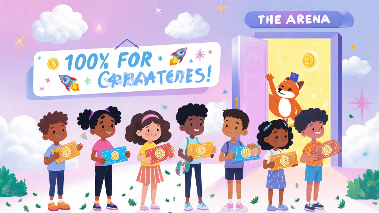 Diverse fans line up with rocket-shaped tickets to enter a glowing door labeled &#039;The Arena&#039; with a friendly fox guiding them.