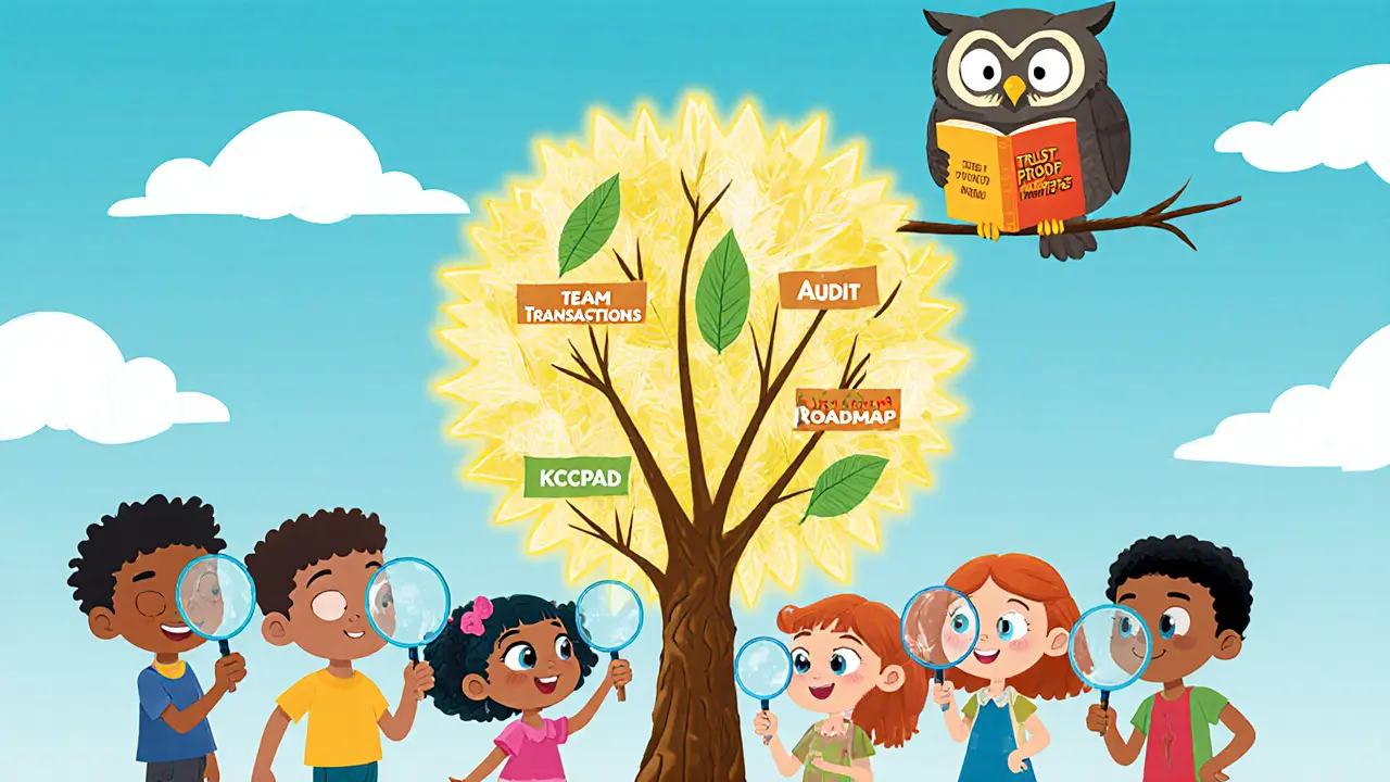 Kids examining a blockchain tree with labeled leaves while pointing to a withered branch.