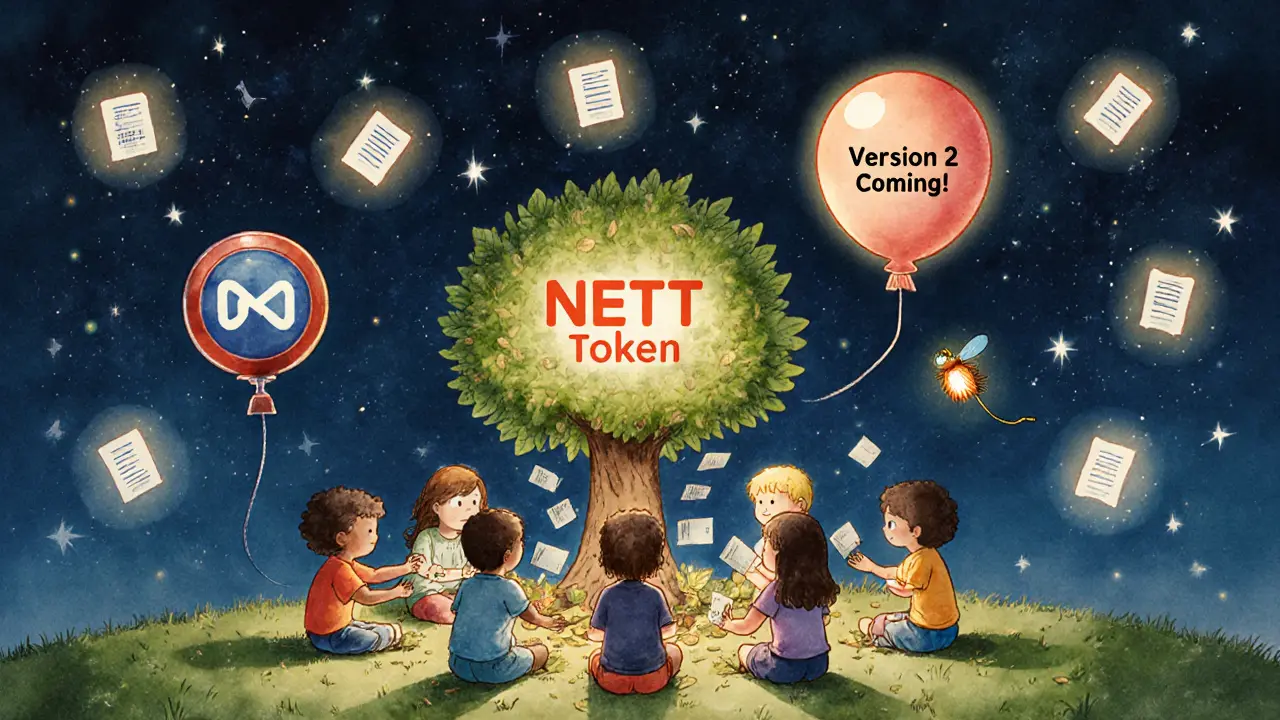 Kids voting around a glowing NETT token tree under a floating &#039;Version 2&#039; balloon in a DeFi forest.