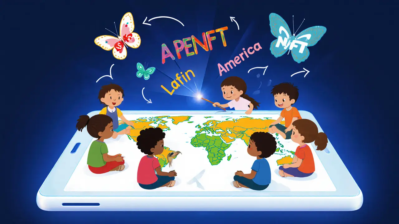 Kids watch a tablet that turns words into digital art butterflies, with world maps showing APENFT&#039;s global expansion.