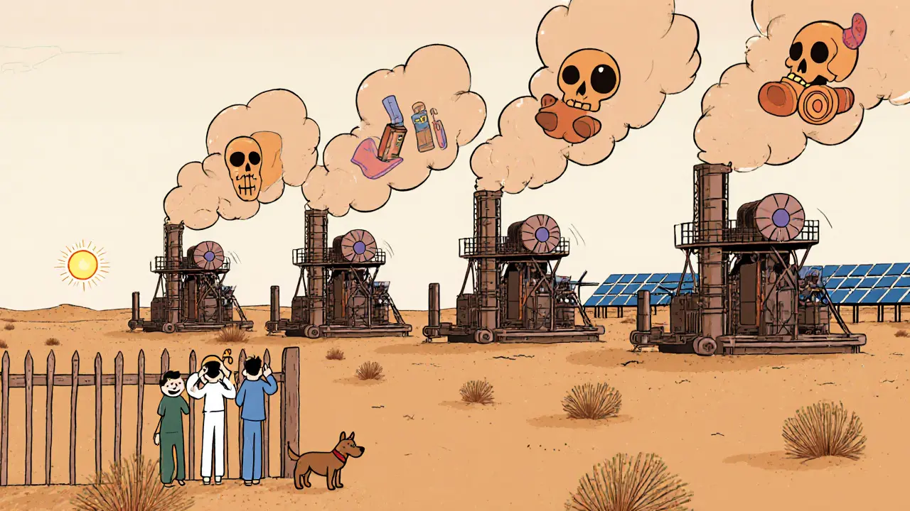 Mining rigs in the desert puffing smoke, a family watching nervously as noise and pollution fill the air.