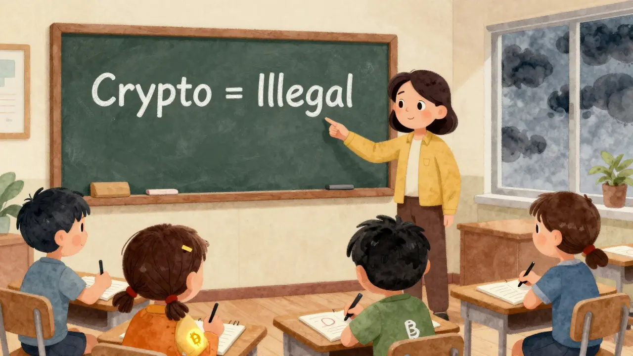 Students erase crypto drawings in class as a teacher points to a &#039;Crypto = Illegal&#039; board.