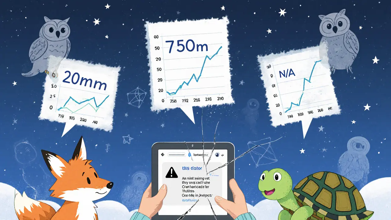 Three animals stare at conflicting price charts and a dead website on a cracked tablet under a starry sky.