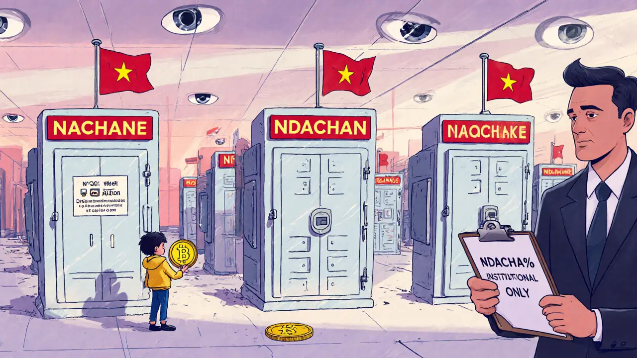 Three giant bank vaults dominate a crypto exchange floor while small booths are shut down, a child tries to use NDAChain under watchful eyes.