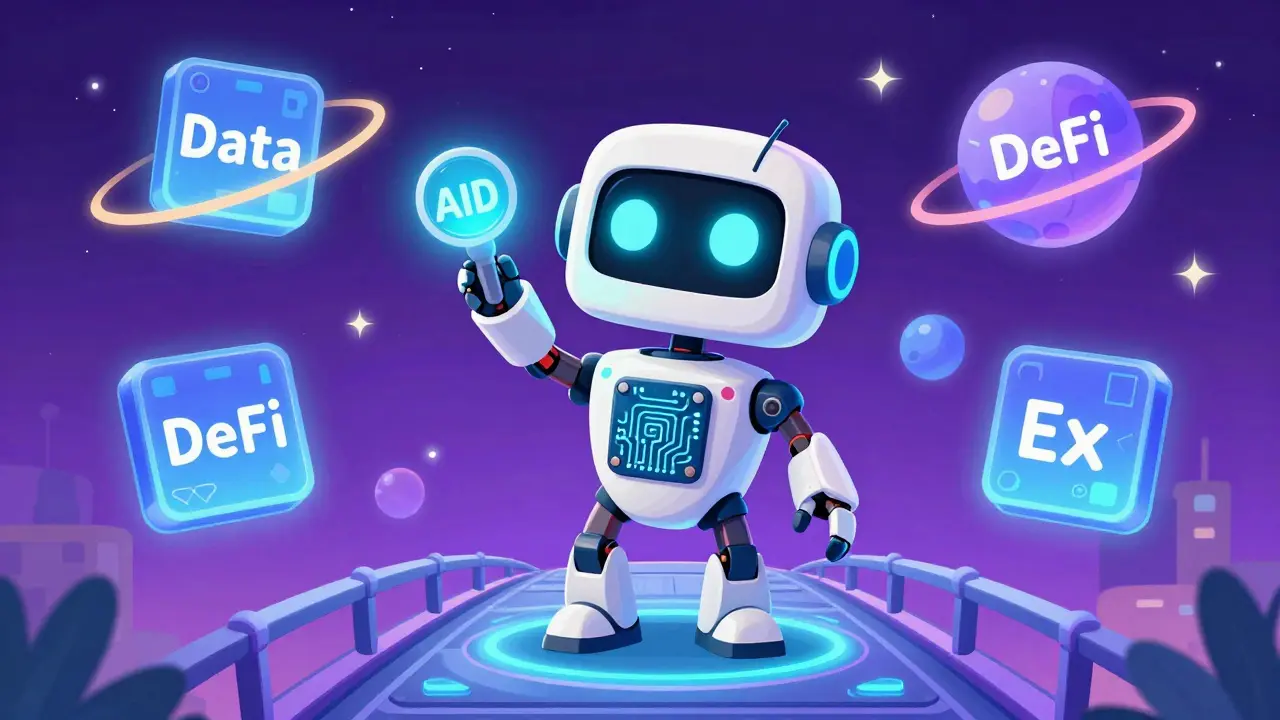A cheerful robot with AI eyes holds a glowing token on a futuristic blockchain bridge.