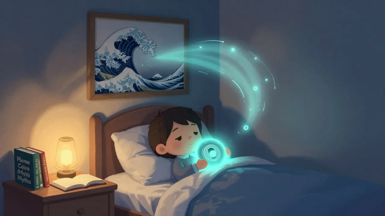 A child asleep in bed holding a glowing OKINAMI token plush toy, with a pulsing wave print on the wall.