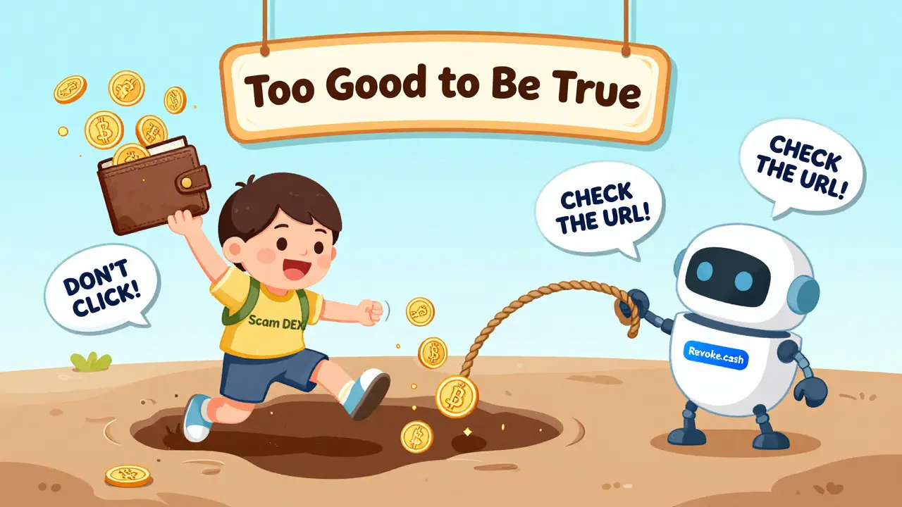 A child is rescued from a scam quicksand by a robot cutting fake token approvals.