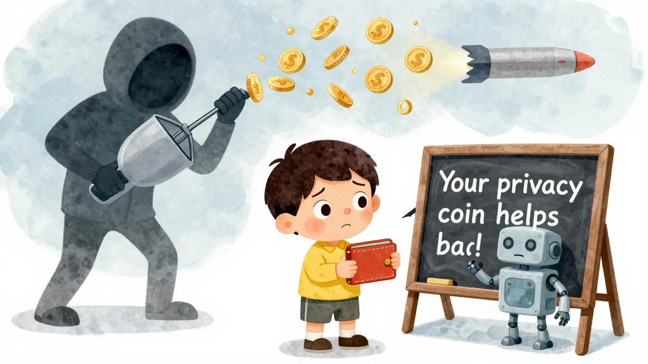 A child learns how mixing coins helps fund weapons, with shadowy figures in the background.