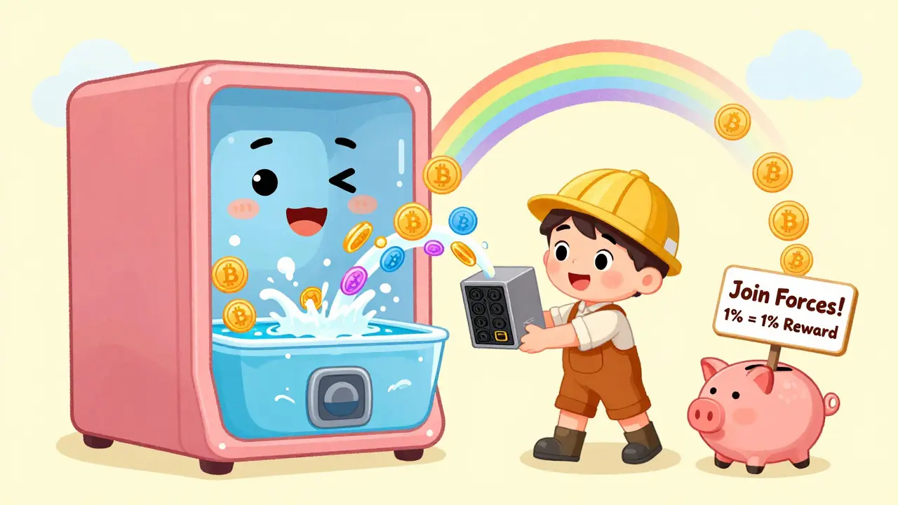 A child placing a mining rig into a smiling pool machine that sends coins into a piggy bank with floating shares.