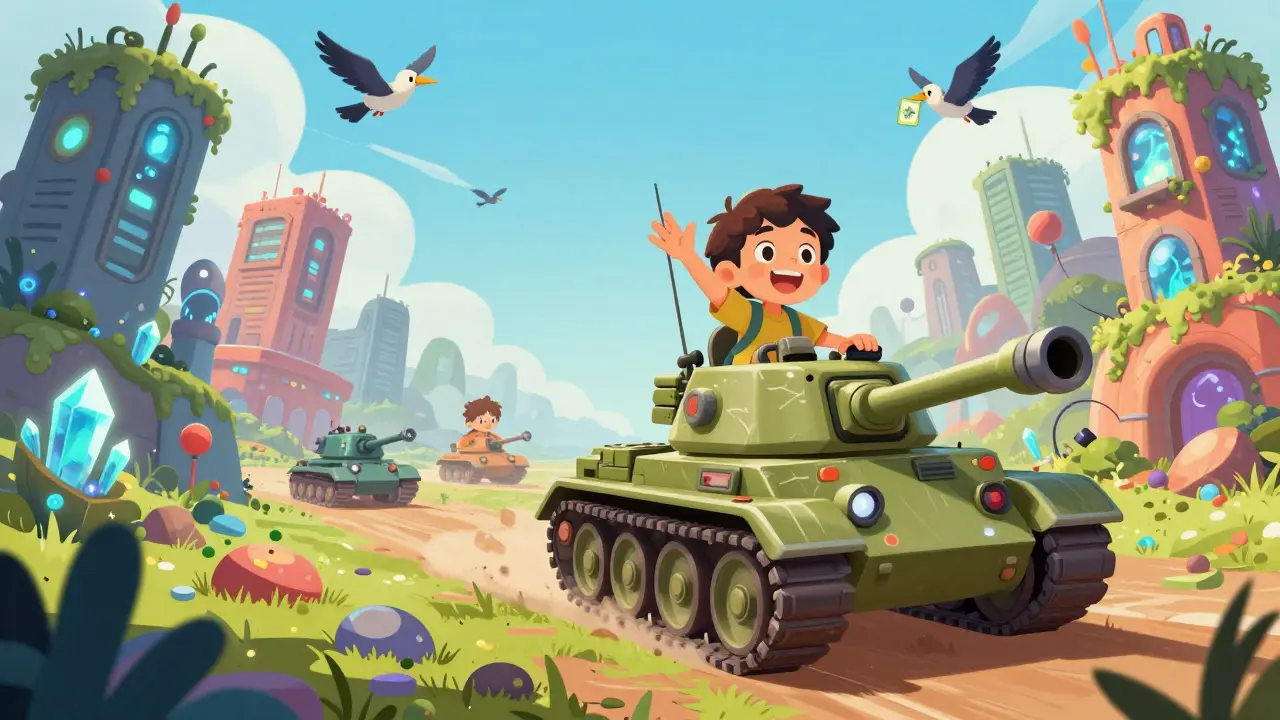 A child rides a custom NFT tank through a glowing post-apocalyptic world filled with crystals.