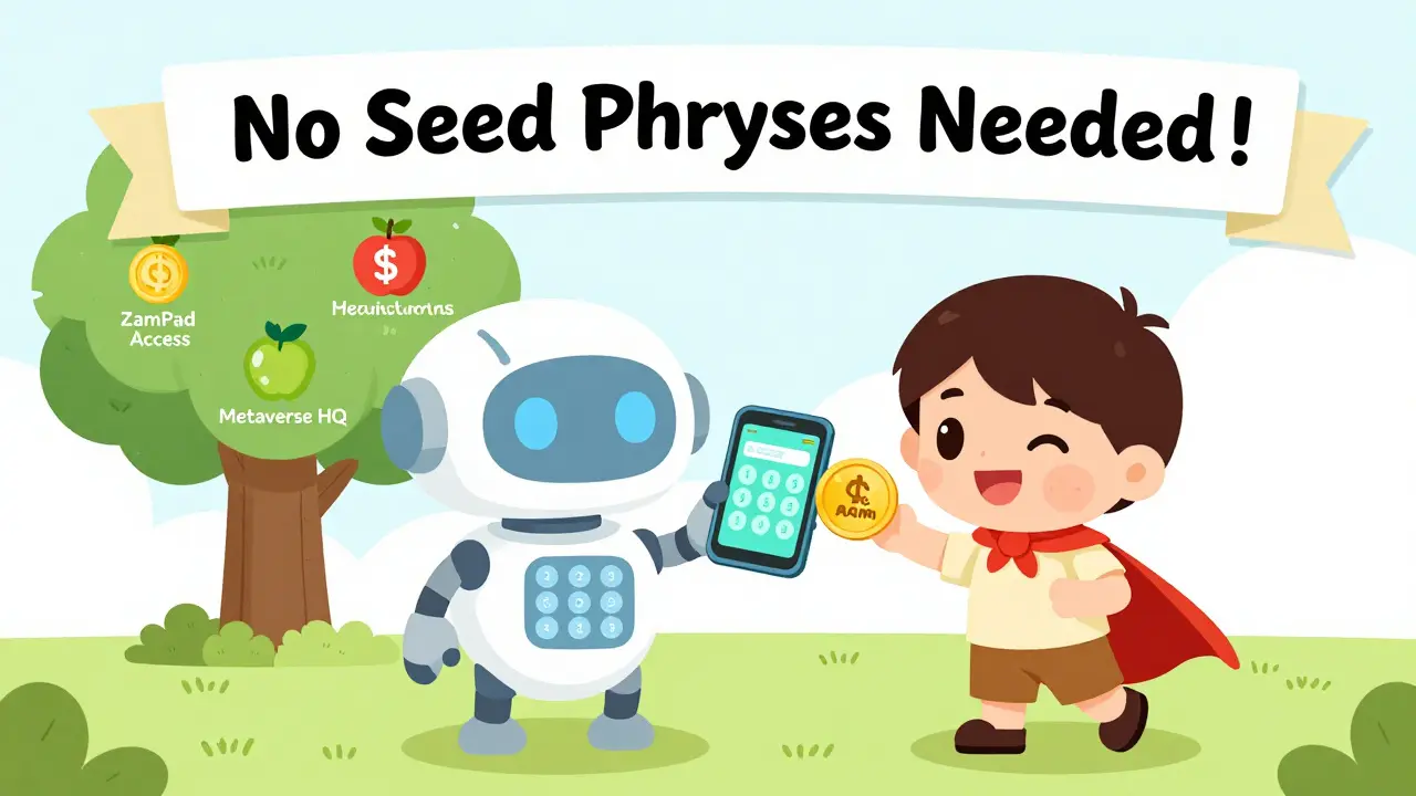 A child uses a phone with a number pad to send crypto tokens, while a tree grows useful crypto fruits behind them.