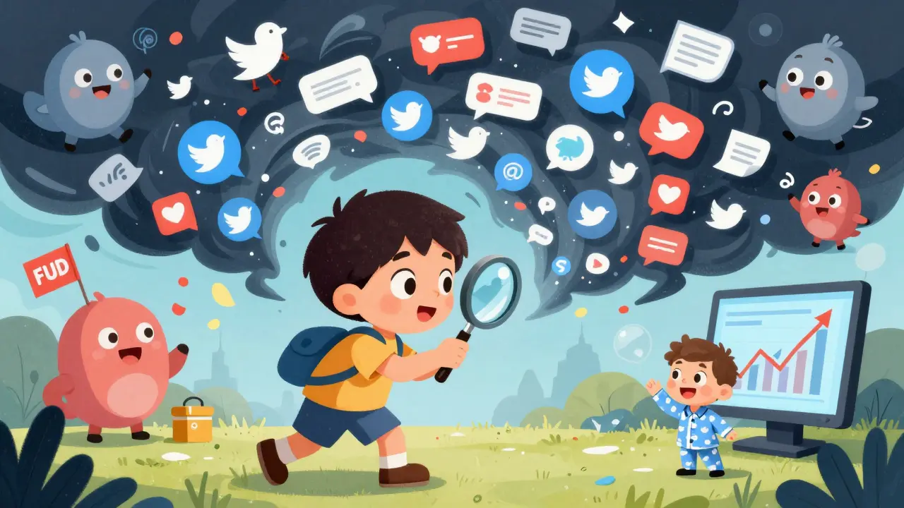 A child using a magnifying glass to analyze a storm of social media posts filled with crypto emotions and AI helpers.