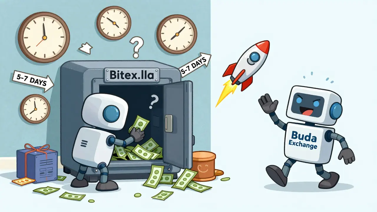 A confused robot tries to deposit cash into a slow vault labeled Bitex.la, while another robot quickly sends a Bitcoin rocket from Buda Exchange.