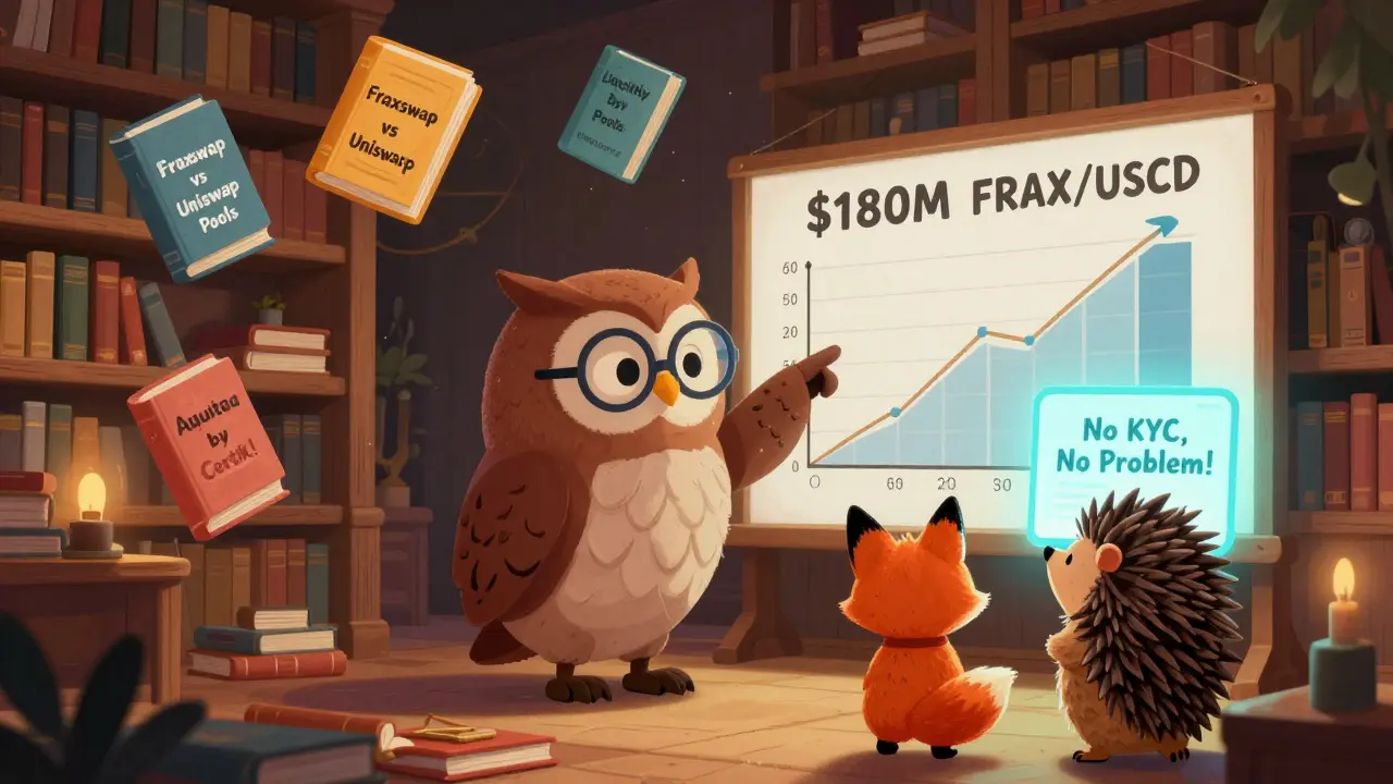 A cozy library with floating books about Fraxswap, an owl pointing to a giant liquidity chart, and curious animals watching.