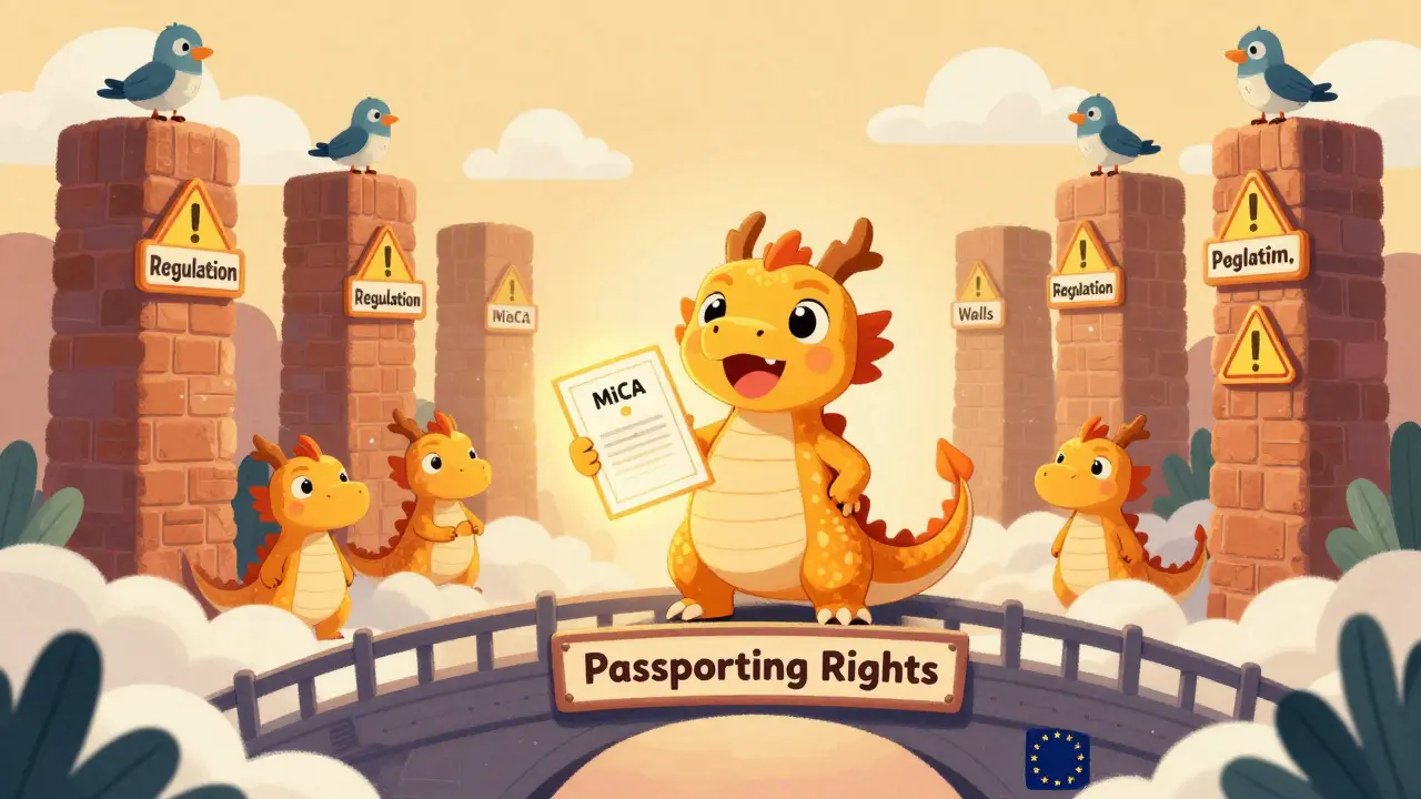A dragon holds a MiCA license on a bridge connecting EU countries, while others are blocked by walls.