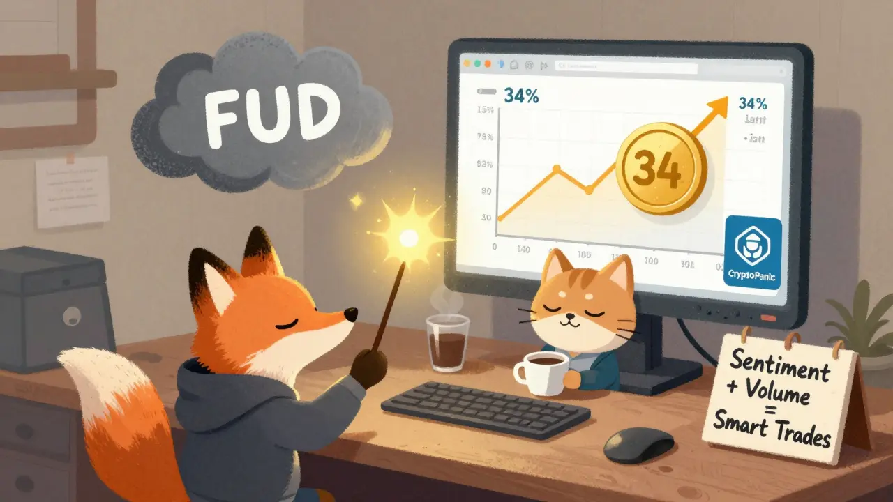 A fox using a magic wand to turn negative clouds into gold light while a price chart rises beside a cozy trading desk.