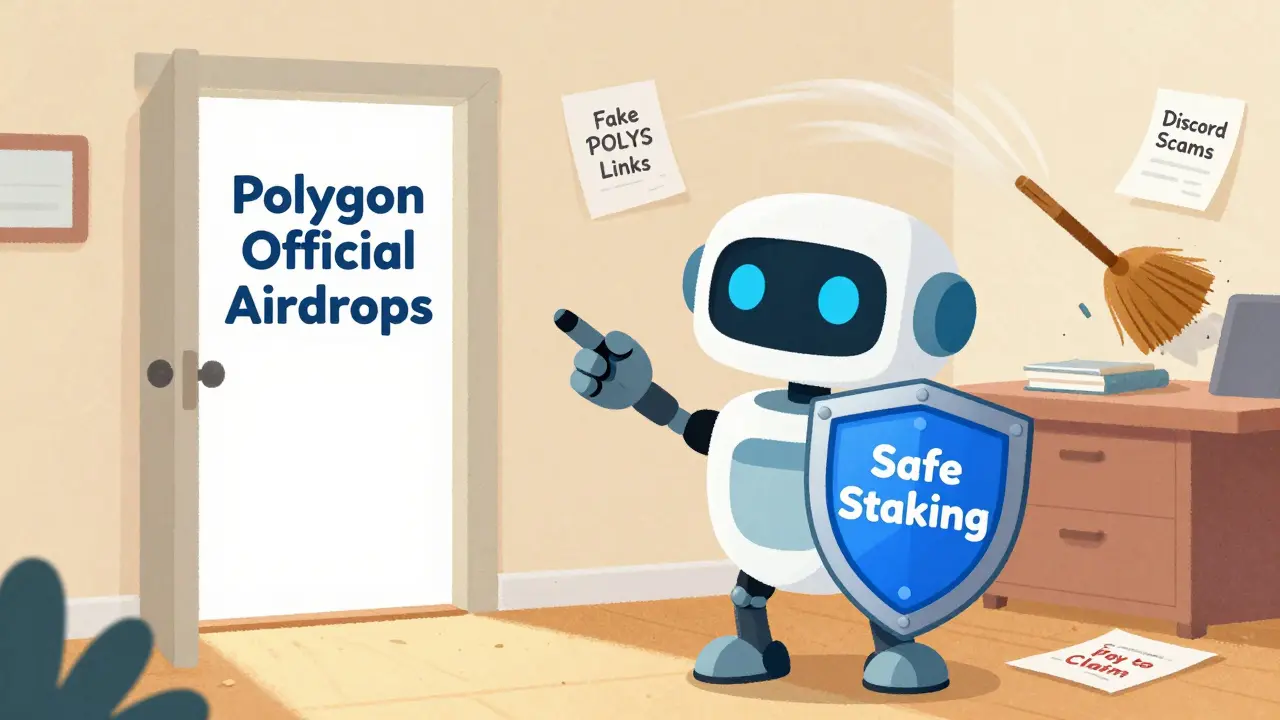 A friendly robot protects a safe path to official airdrops, clearing away fake scam papers.