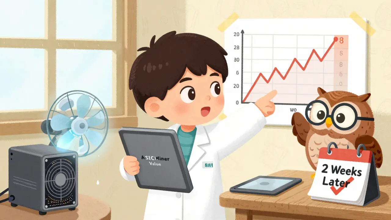 A kid uses two tablets to compare mining tools while an owl guides them, with a fan cooling an old miner nearby.